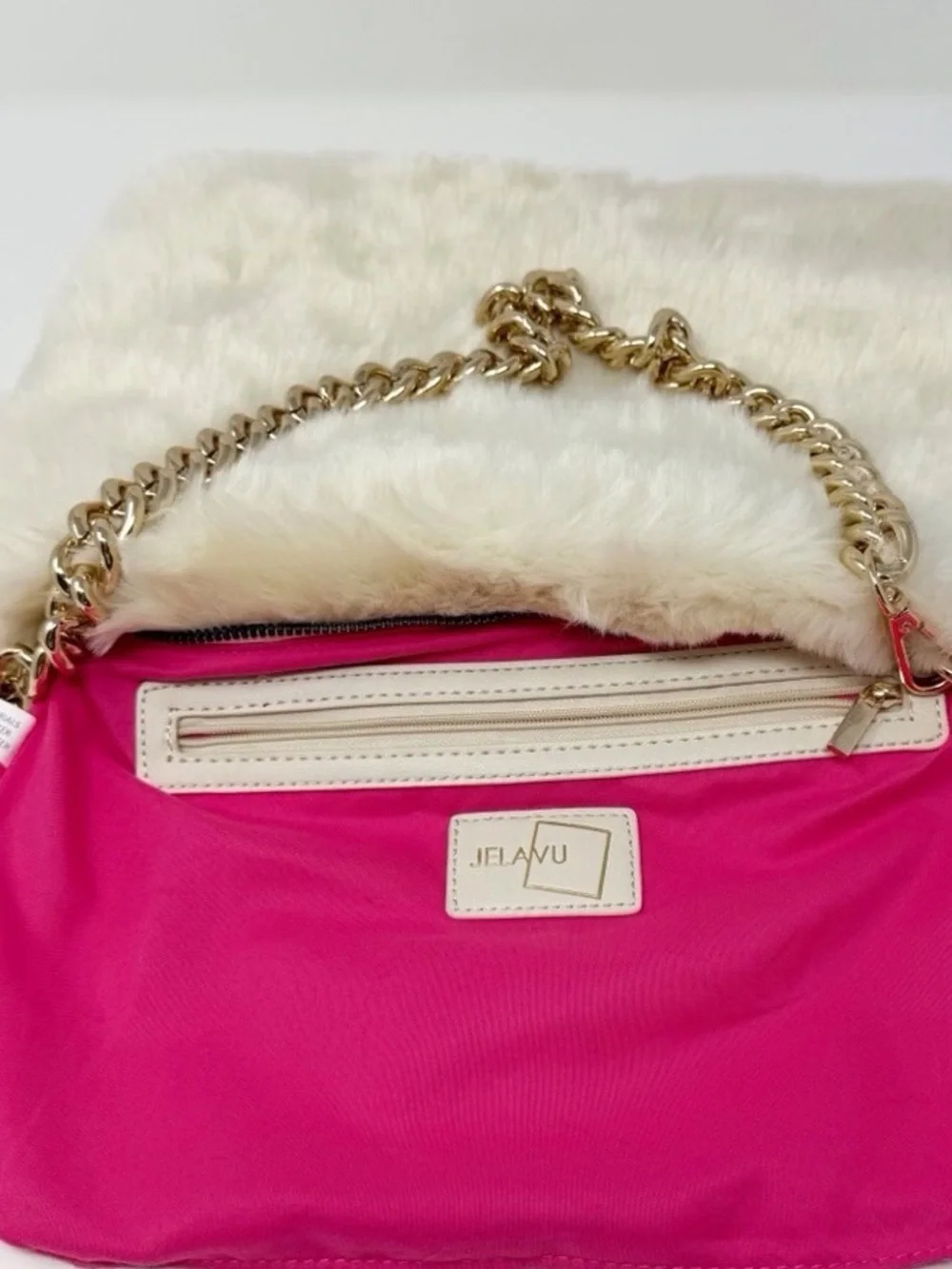 Cream Faux Fur Shoulder Bag with Gold Chain Strap